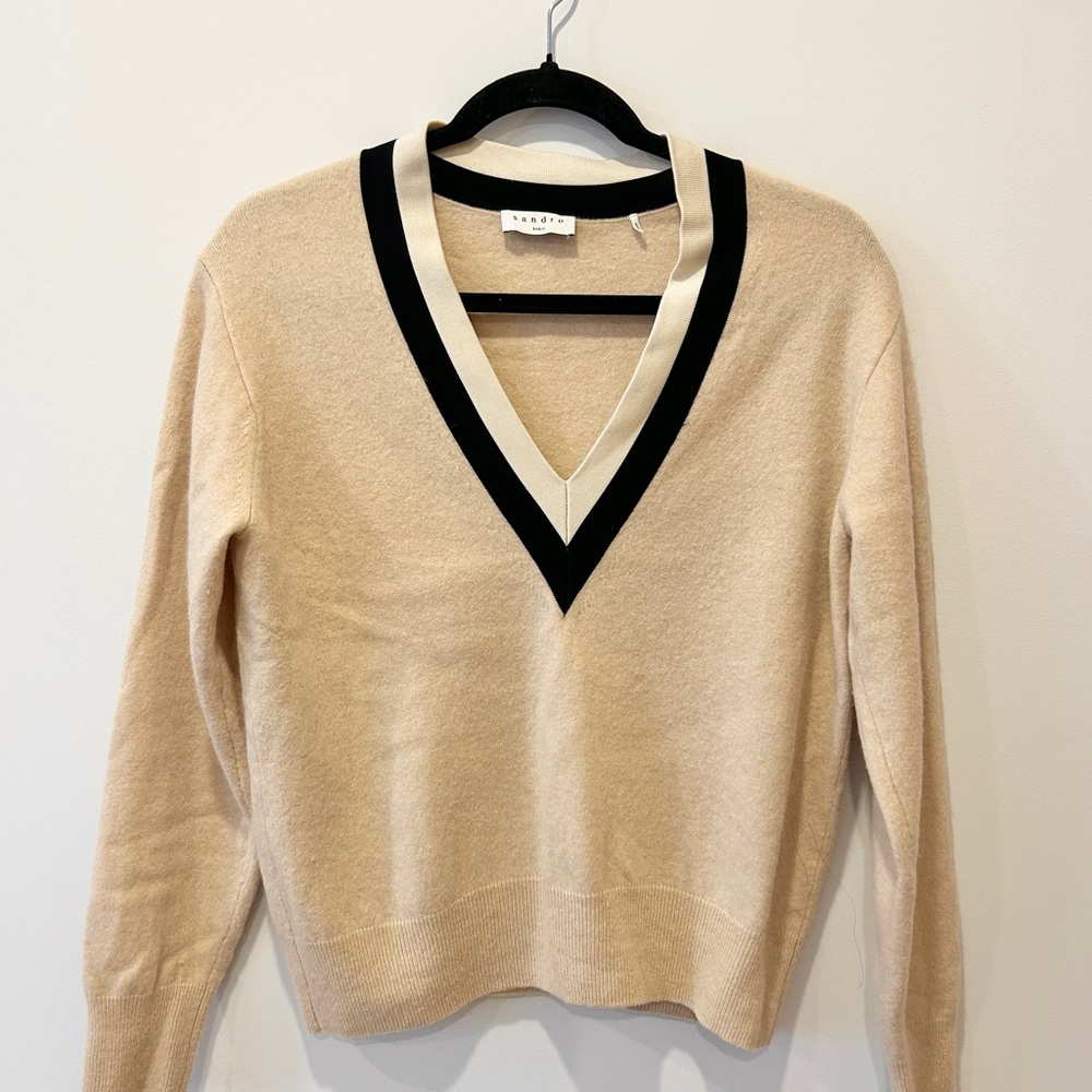 V-Neck Knit Sweater in Camel with Black Trim - Picture 2 of 4